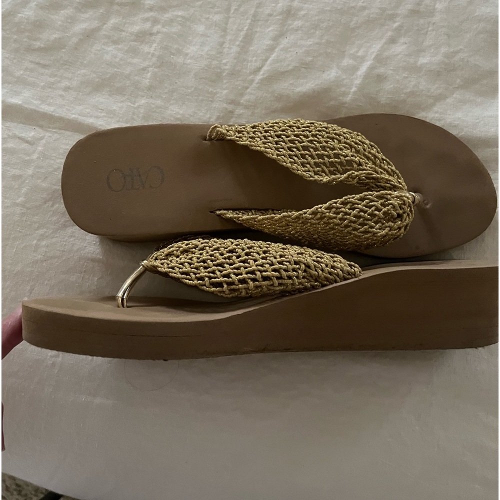 Gold summer slides. So cute! Gold straps are sturdy like bendable ribbon. 2”sole